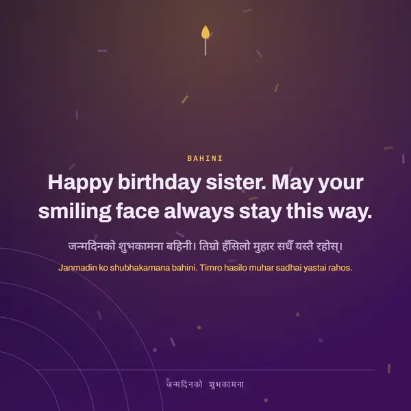 Happy birthday sister. May your smiling face always stay this way.