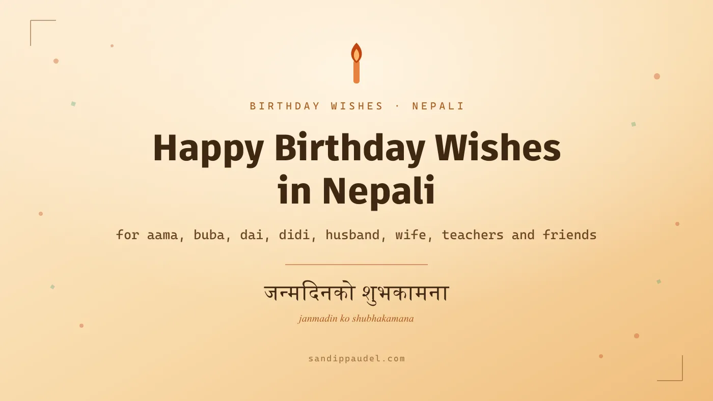 Title card reading 'Happy Birthday Wishes in Nepali' with a candle icon and the Nepali phrase janmadin ko shubhakamana on a warm gradient background