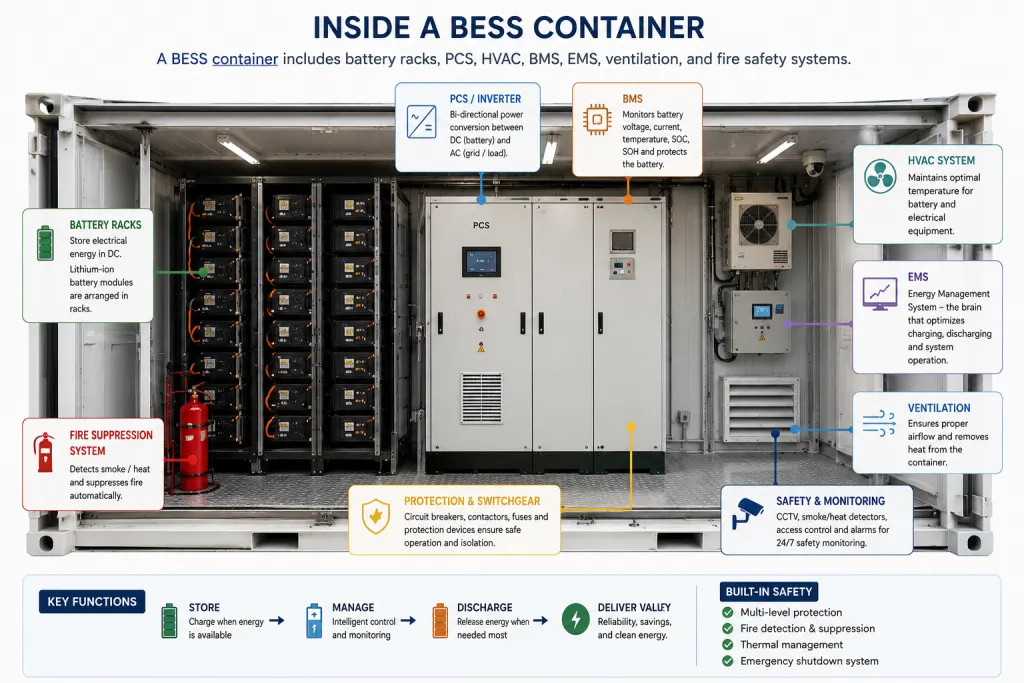 Cutaway diagram of a BESS shipping container showing battery racks, PCS/inverter, BMS, HVAC, EMS, ventilation, fire suppression, and protection and switchgear