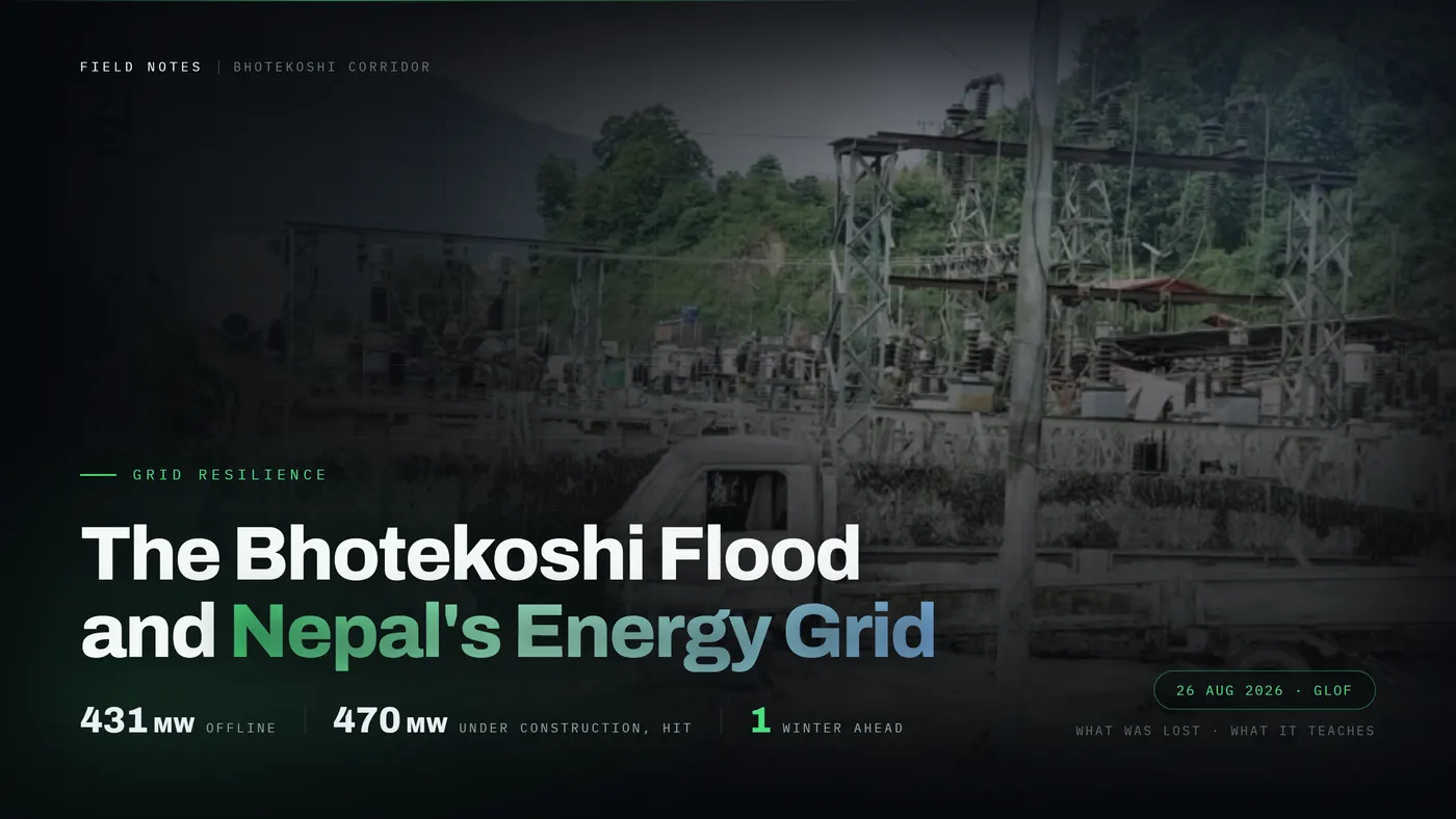 Mud covered buildings and damaged electrical infrastructure along the Trishuli river corridor after the August 2026 flood