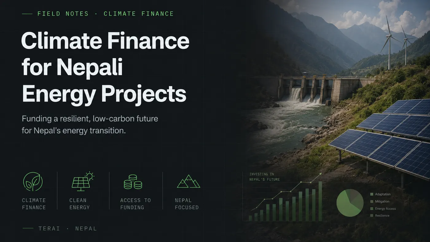Title card reading 'Climate Finance for Nepali Energy Projects' beside a hydropower dam and solar array in the Himalayas, with investment growth and funding-allocation charts overlaid