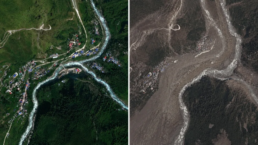 Satellite image of Syaprubesi before and after the flood, showing a green river valley with a settlement and hydropower infrastructure replaced by a grey debris covered channel
