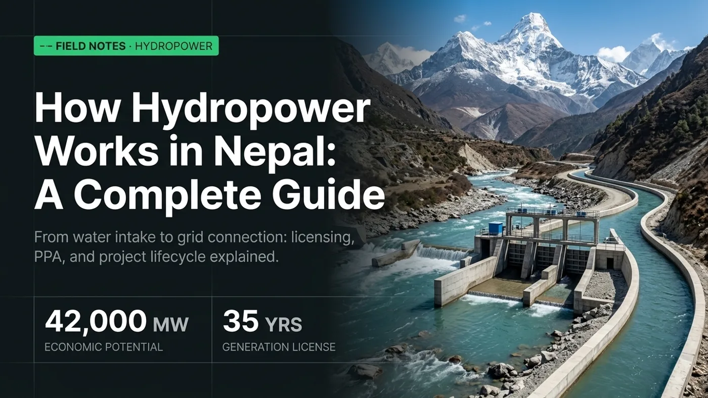 Title card reading 'How Hydropower Works in Nepal: A Complete Guide' beside a photo of a run of river diversion structure on a glacial river below the Himalayas, with 42,000 MW economic potential and a 35 year generation licence called out